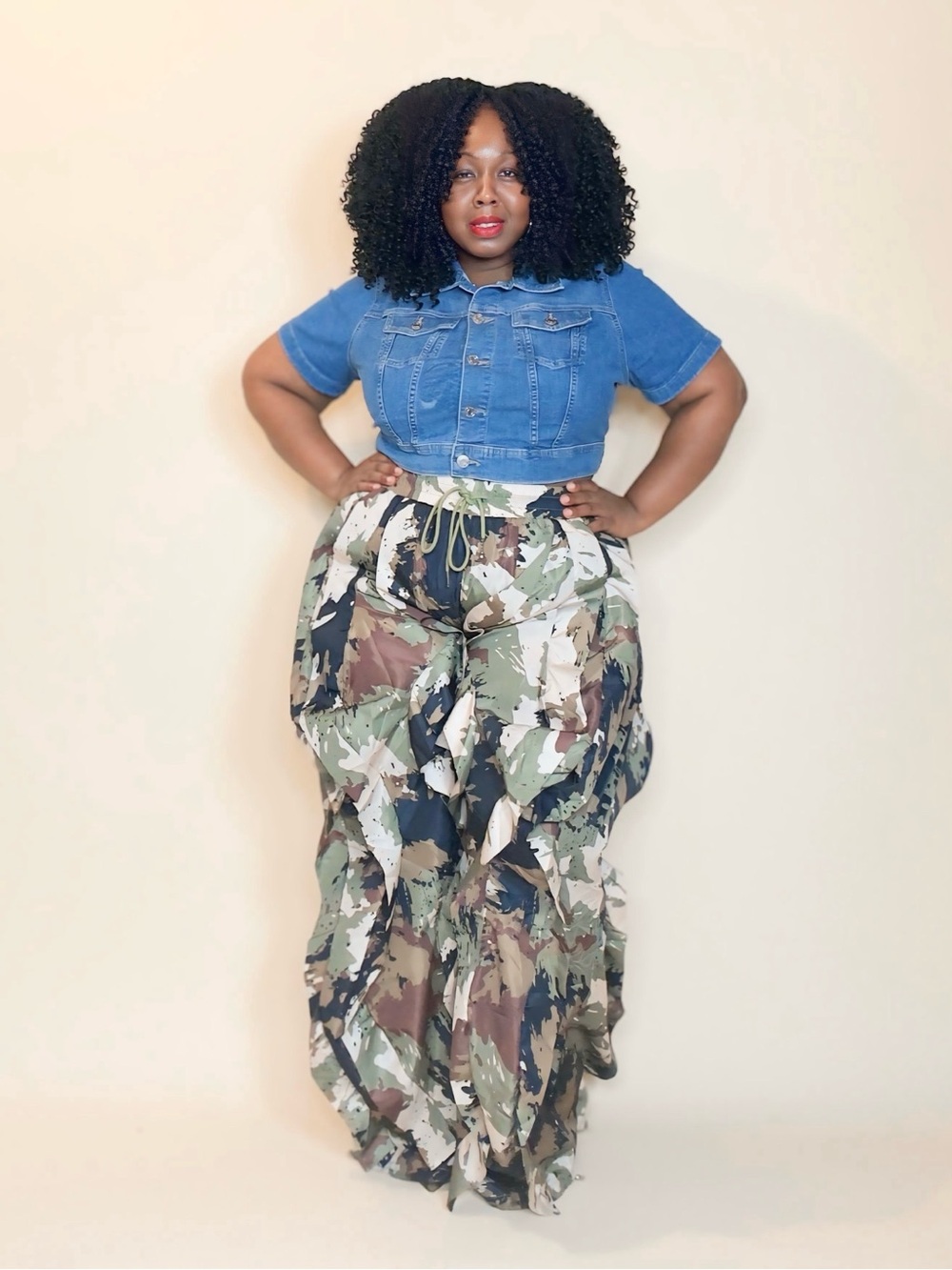 Plus Size Ruffle Jogger Pants - Camo| Elevated Wide Leg Parachute Style 1X–3X